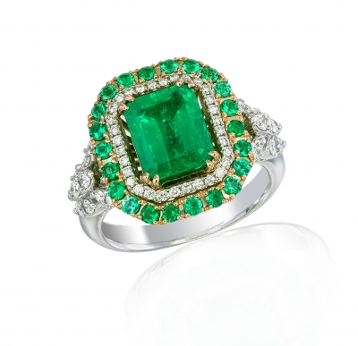 Emerald and Diamond Double Halo Ring