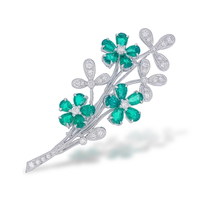 Emerald and Diamond Flower Brooch