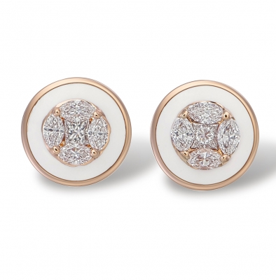 White Ceramic Illusion Round Diamond Stud Earrings