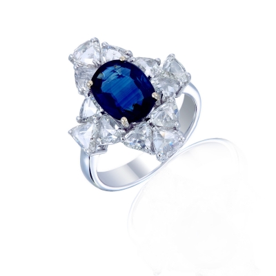 Blue Sapphire and Rose Cut Diamond Ring