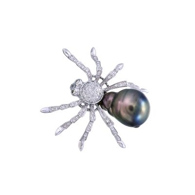 Baroque Pearl and Diamond Spider Brooch