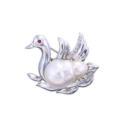 Baroque Pearl and Diamond Swan Brooch