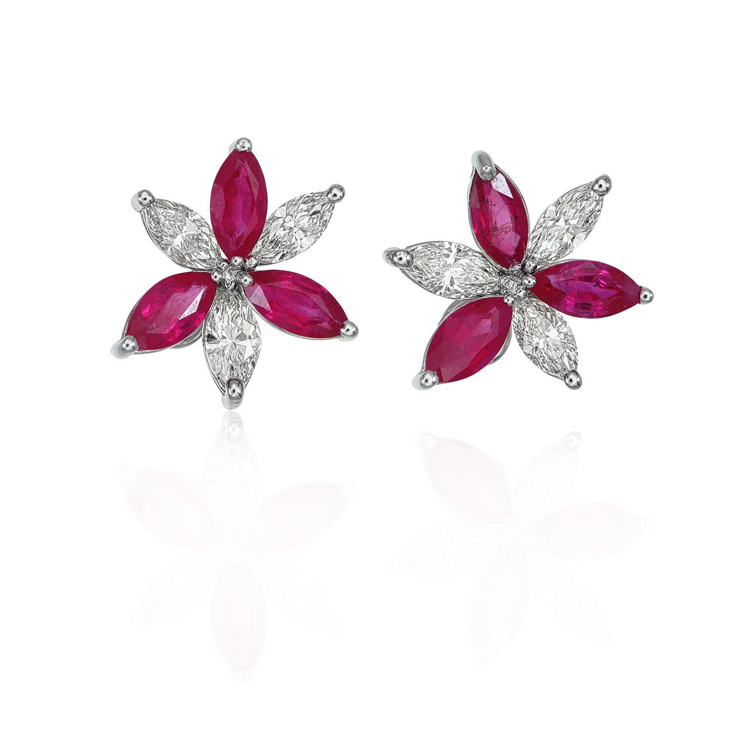 Marquise Ruby and Diamond Flower Stud Earrings