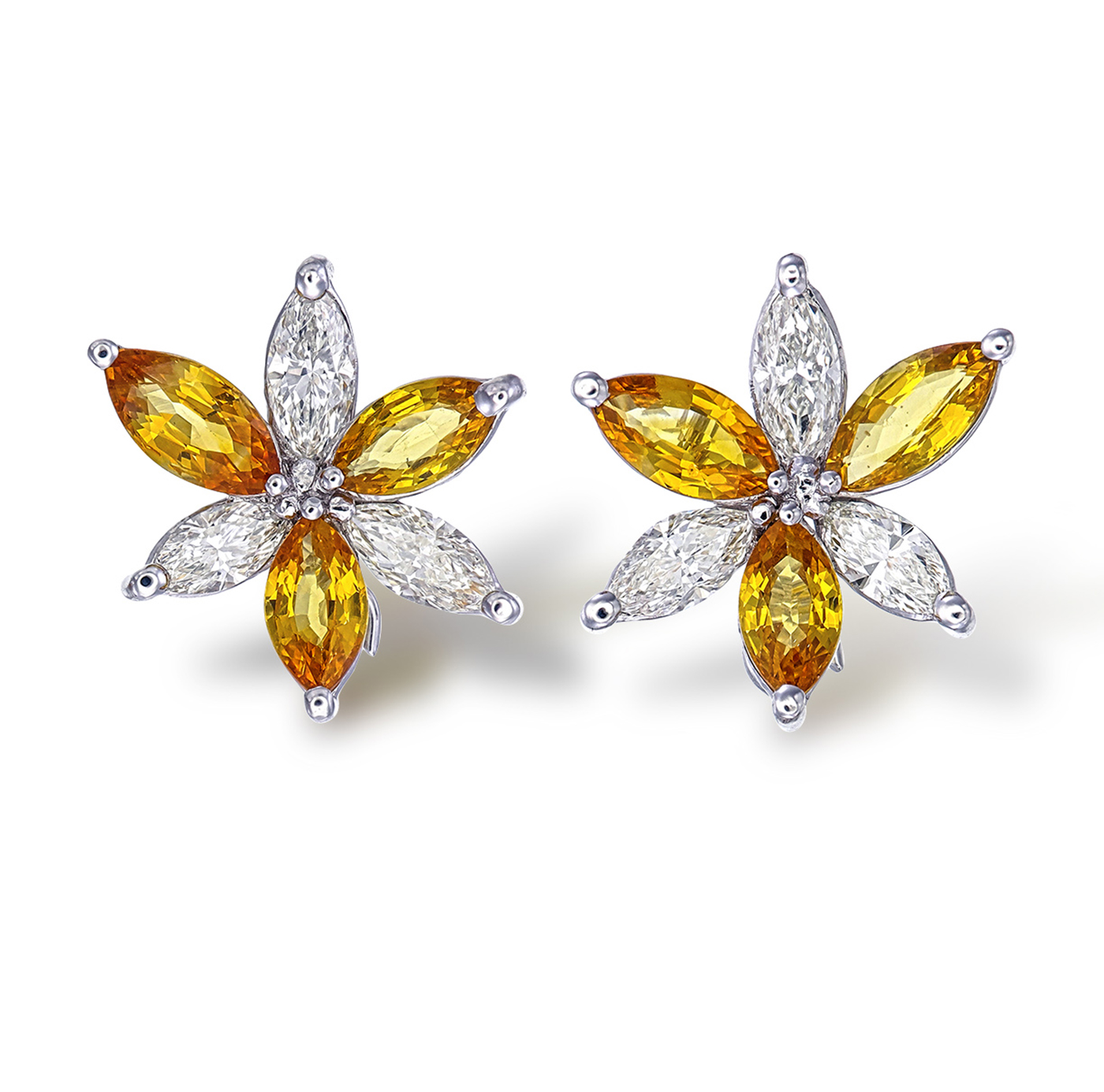 Marquise Yellow Sapphire and Diamond Flower Stud Earrings