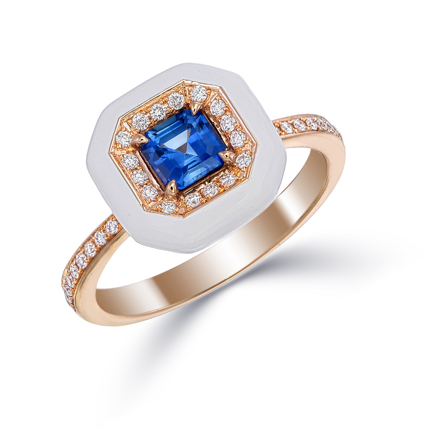 White Ceramic Blue Sapphire and Diamond Ring