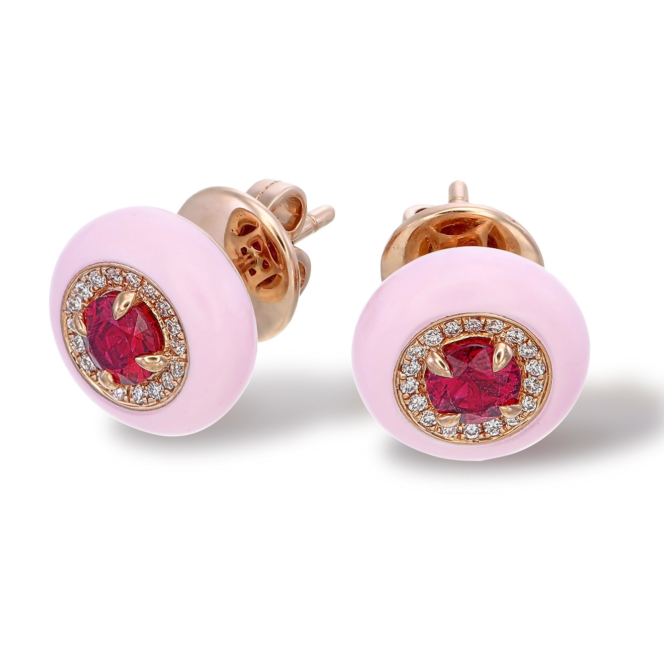 Pink Ceramic Ruby and Diamond Earrings 